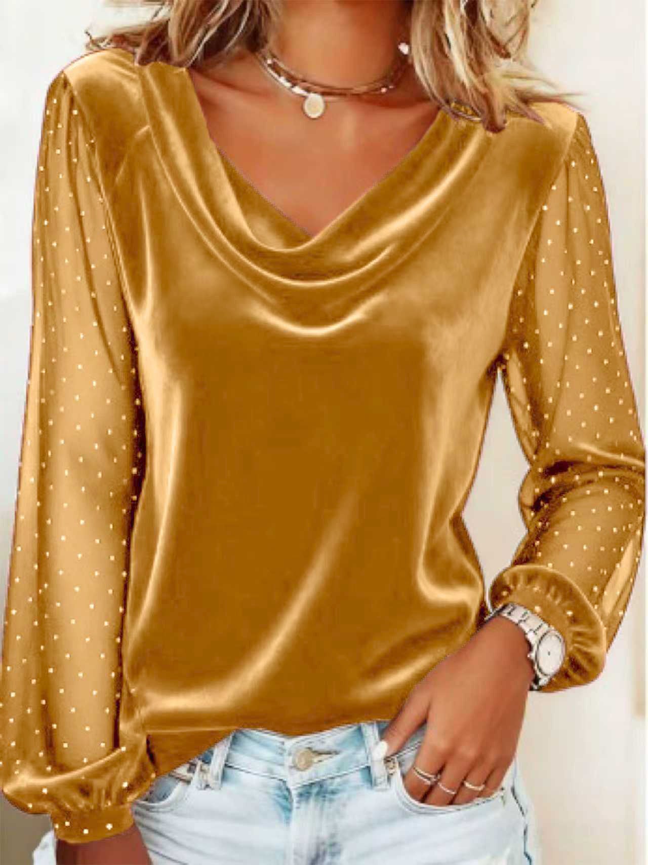 Women's Long Sleeve V-neck Velvet T-Shirt Women Elegant