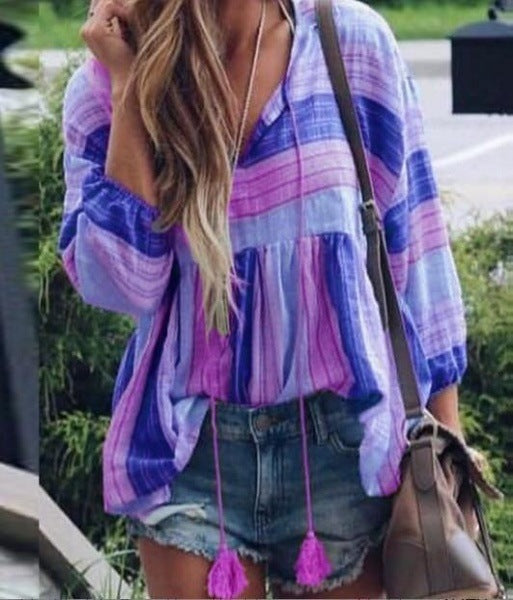 Tassel rope printed blouse