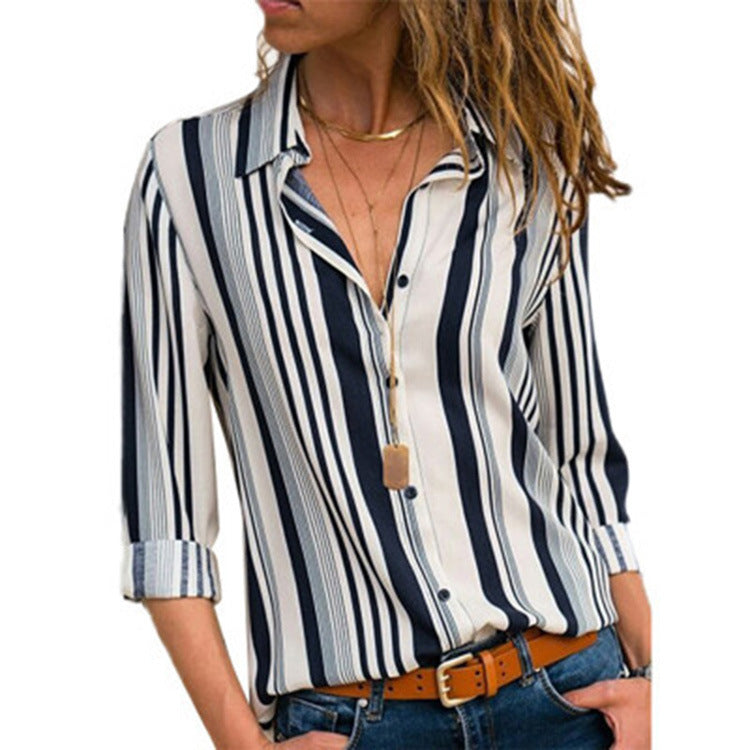 Striped Casual V-Neck Long Sleeve Chiffon Blouse Blouse