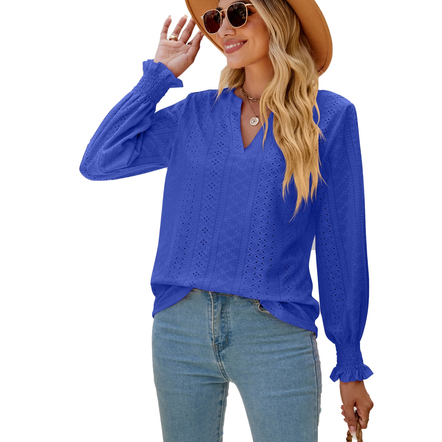 Solid Color Hollow-out Pleated Ruffle Shirts Sleeve V-neck