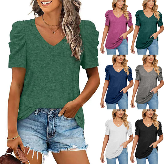 V-neck Puff Short-sleeved T-shirt Summer Tops Casual Shirts