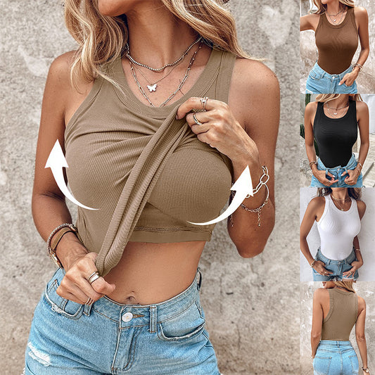 Ins Round Neck Vest With Bra Summer Solid Color Bottom