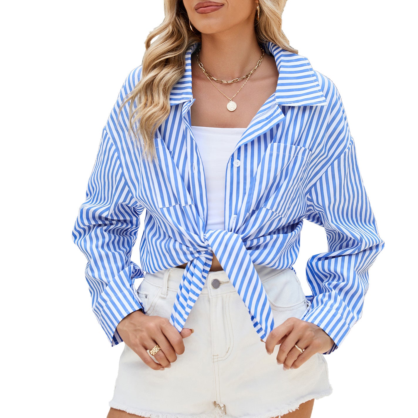 Fashion Striped Long Sleeve Shirt With Pockets Casual Loose