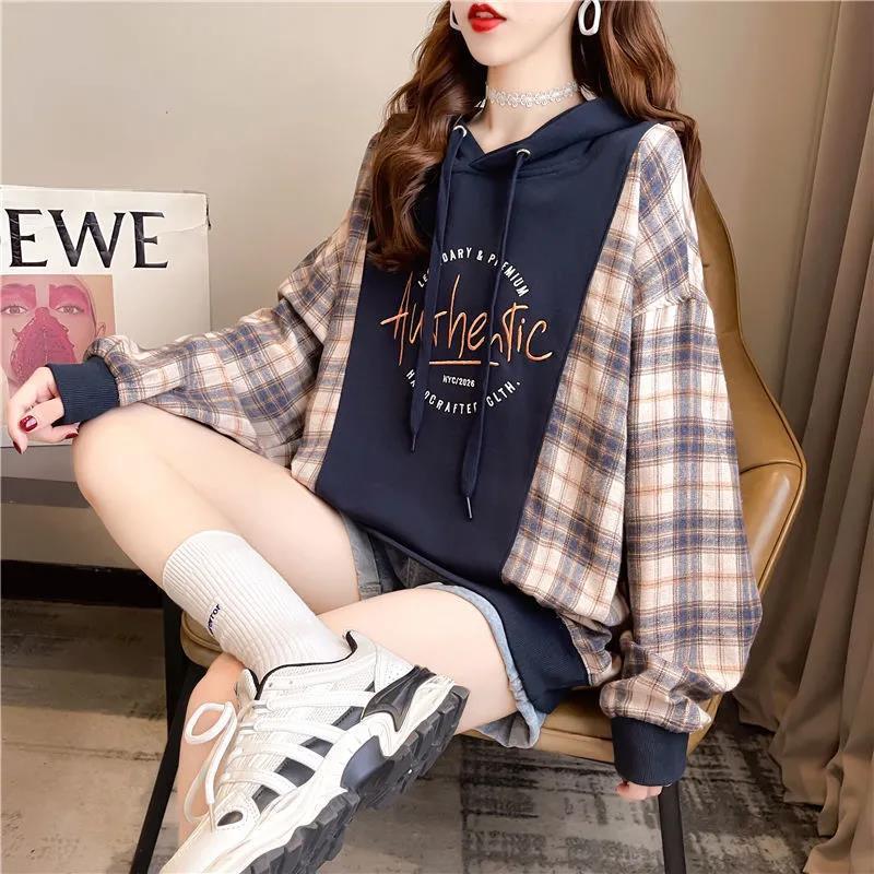 Women's Loose Plaid Stitching Hooded Sweatshirt