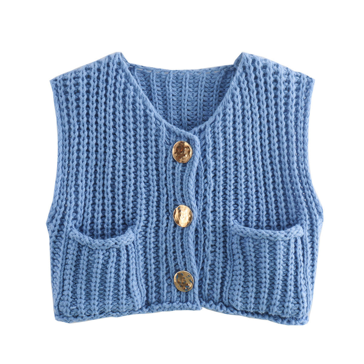 Women's Pocket Sleeveless Short Knitted Cardigan Vest Shirt