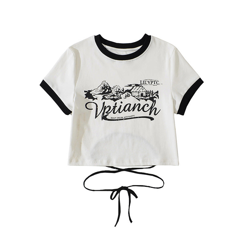 Women Print Front Contrast Trims Crop T-shirt With Lace Up Back Detail