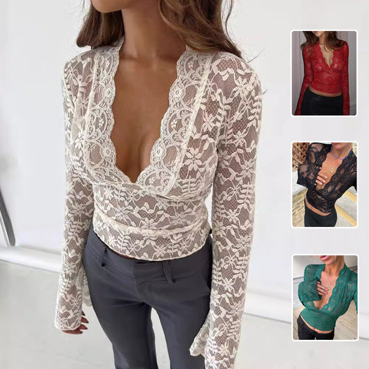 Flowers Lace Long Sleeve Top Y2K Fashion Slim Bottoming