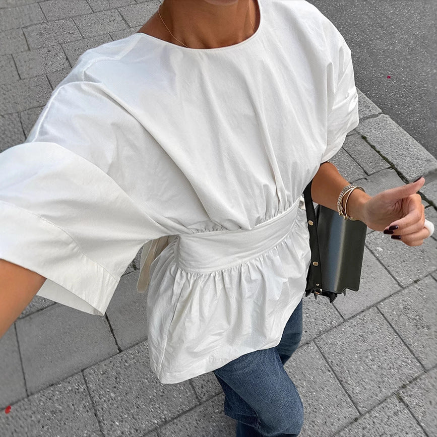 Summer Backless Short Sleeve T-shirt With Back-tied Design