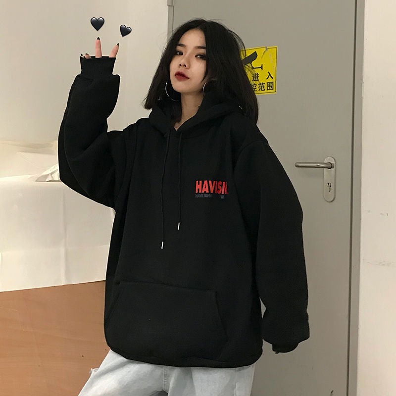 Hooded Sweater Women Long-Sleeved Harajuku Style Student Black Pullover Coat