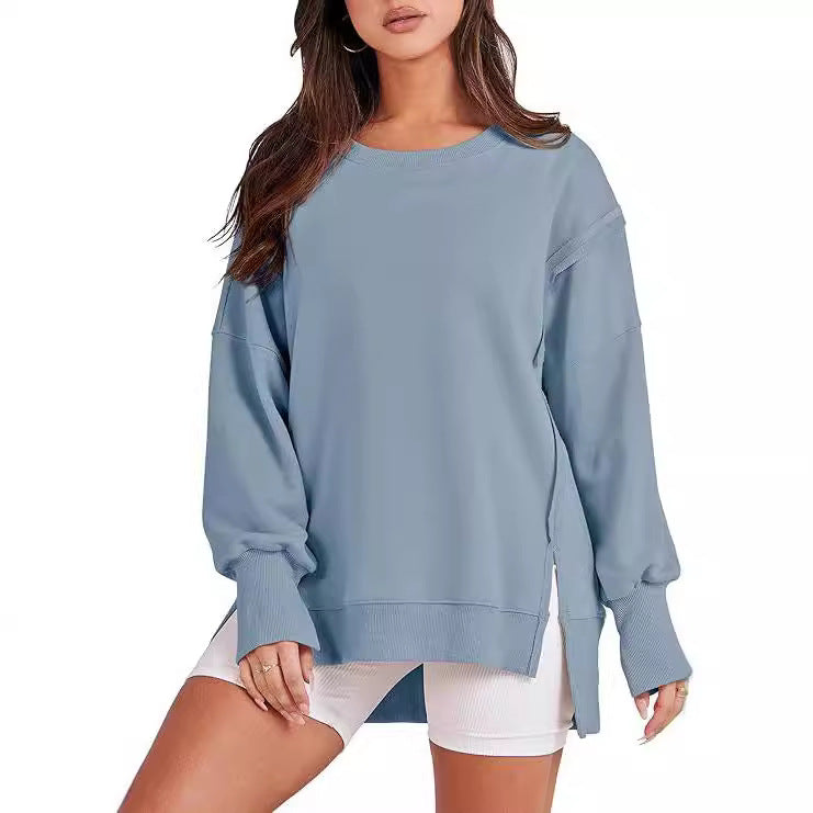 Round Neck Long Sleeve Hem Split Patchwork Sweater