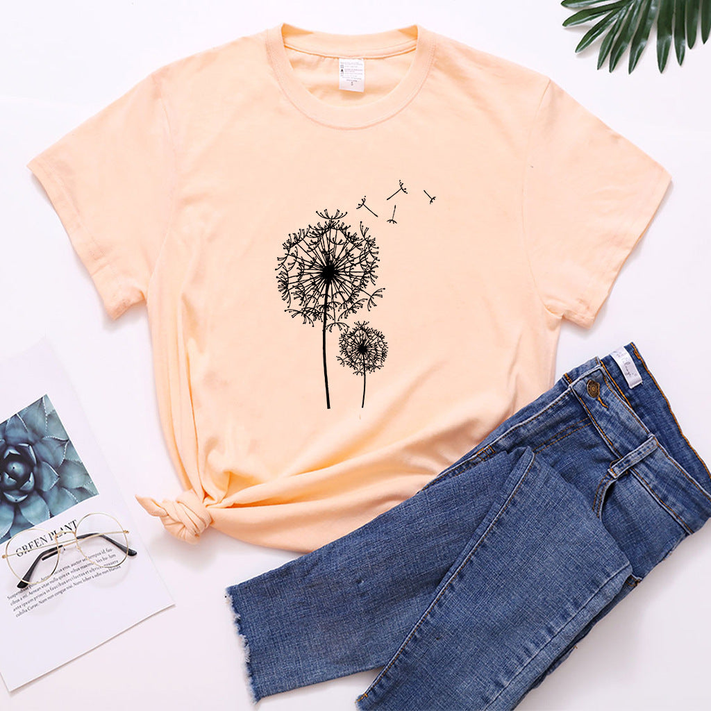 Dandelion Print Mid Length Short Sleeve T-Shirt