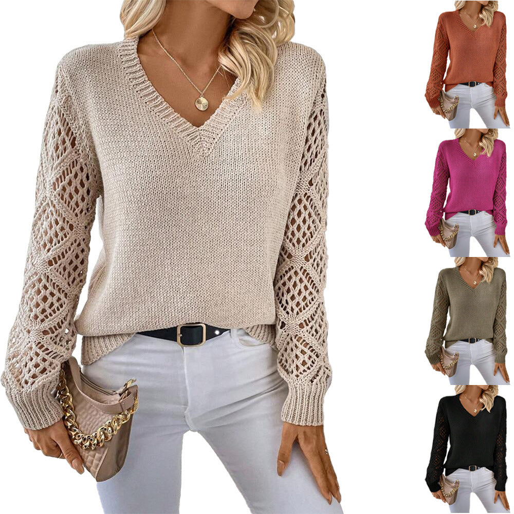 Solid V-neck Pullover Sweater With Hollow Long Sleeve Fashion