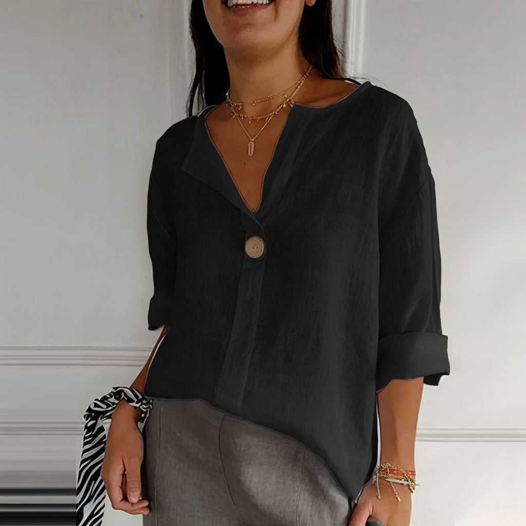 V-neck Long-sleeved T-shirt Fashion Loose Cotton And Linen