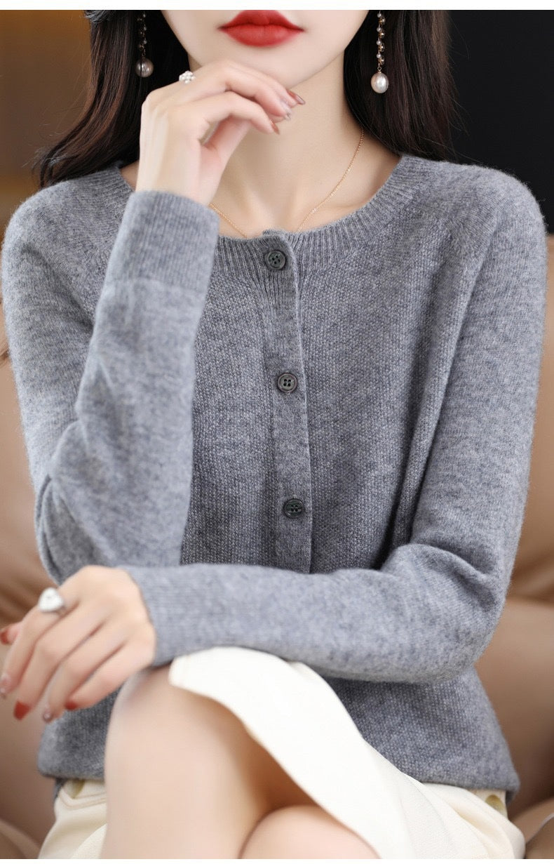 Fashion Merino Wool Cardigan Sweater Women O-Neck