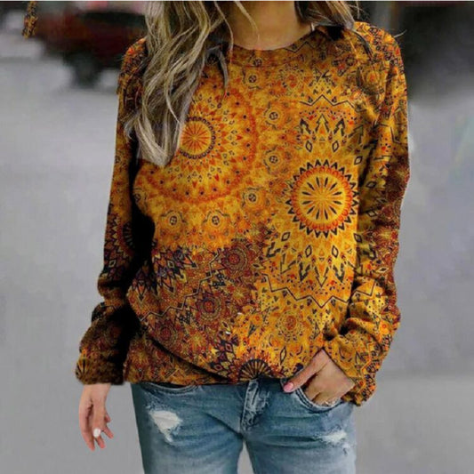 Printed Round Neckline Color Block Casual Loose Sweater