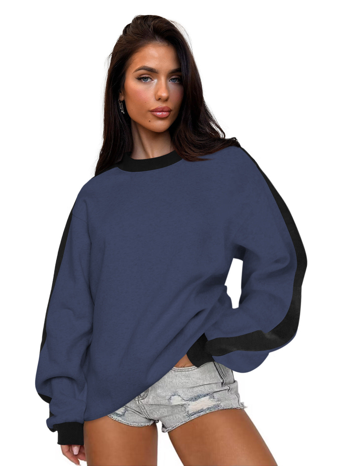 Women's Contrast Color Round Neck Loose Sweater