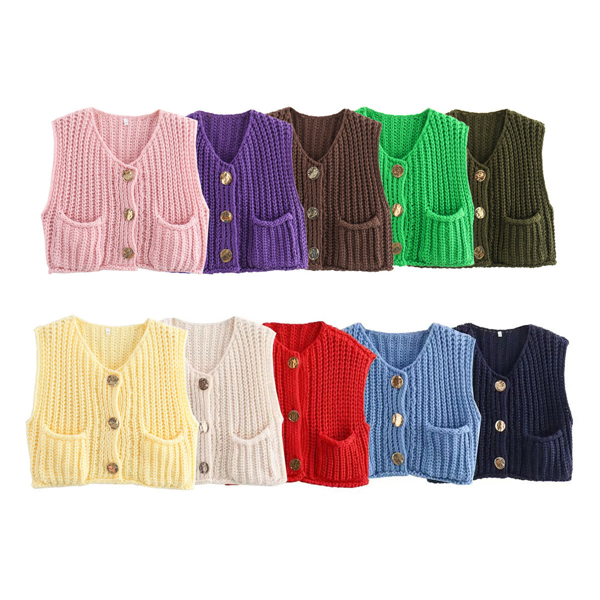 Women's Pocket Sleeveless Short Knitted Cardigan Vest Shirt