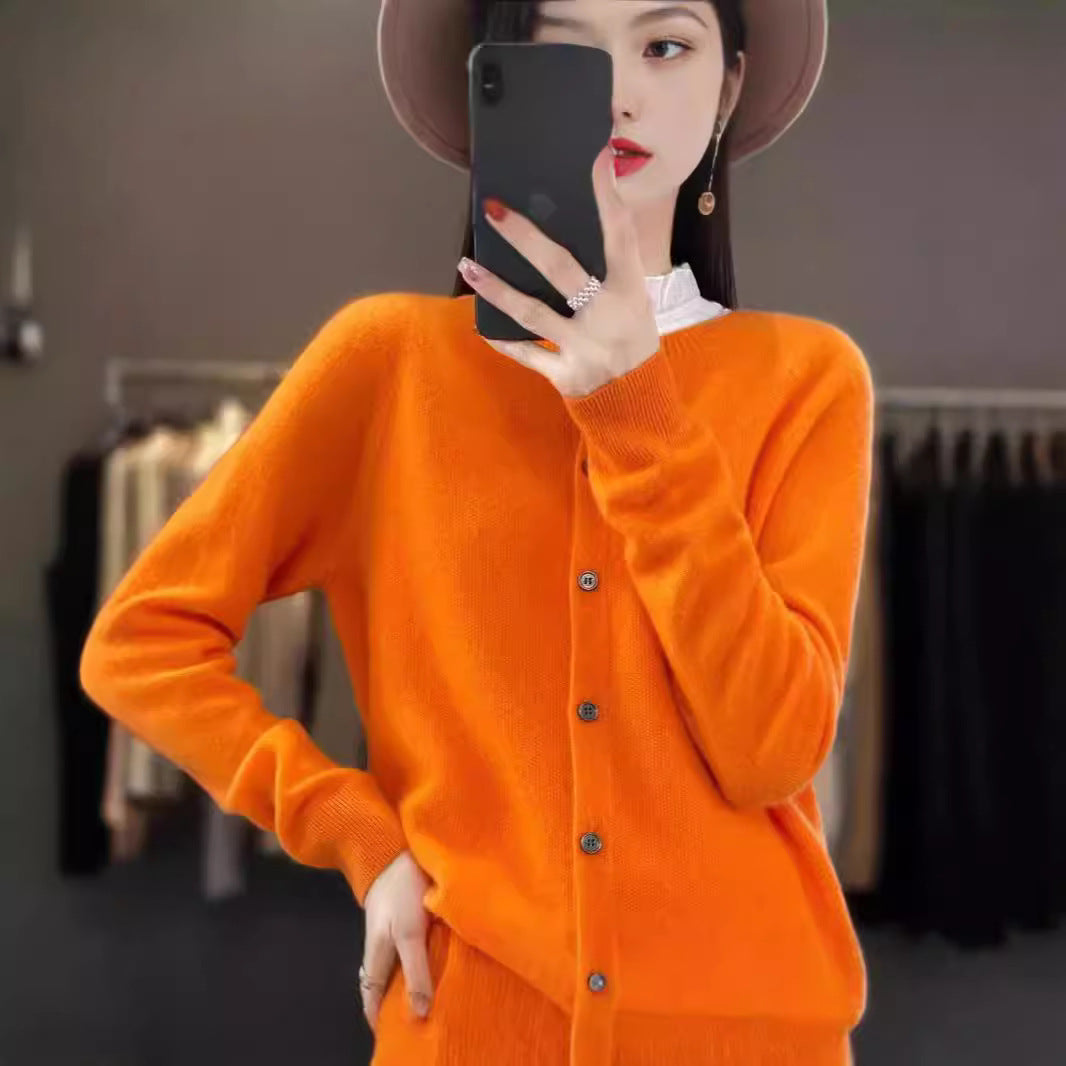 Fashion Merino Wool Cardigan Sweater Women O-Neck