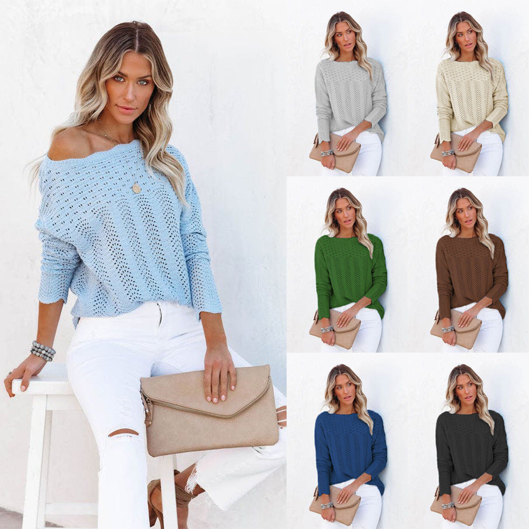 Hollow Pullover Lace Knit Word Neck Off Shoulder Sweater