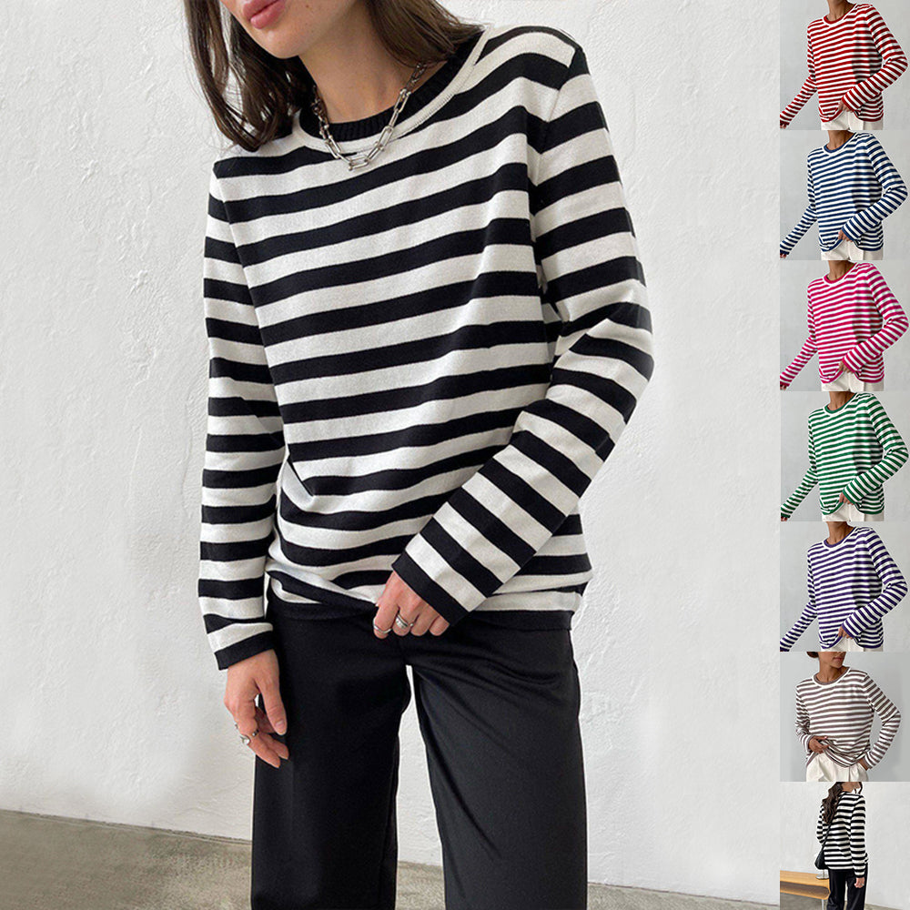New Knitted Striped Long Sleeved Sweater Versatile Pullover
