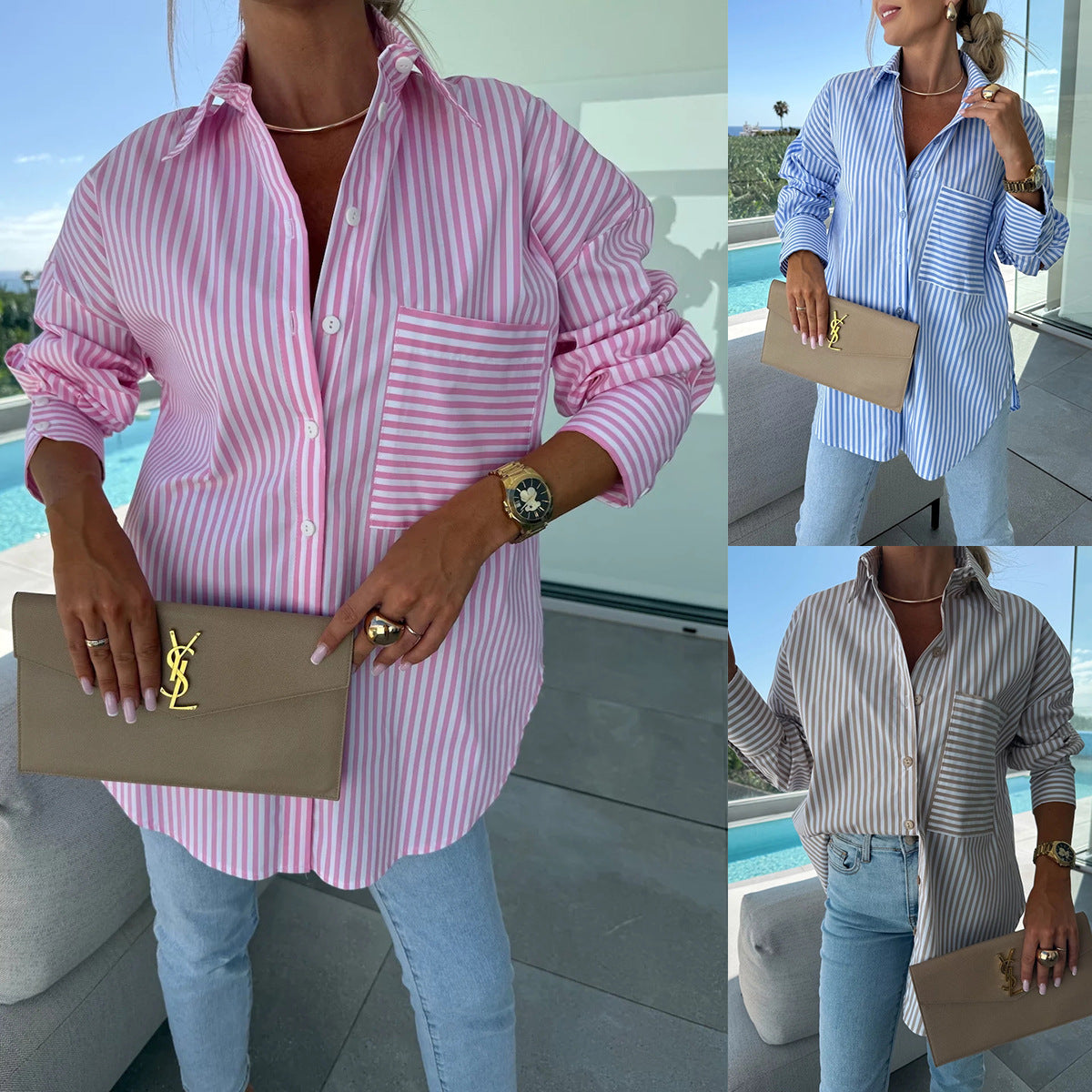 Spring Summer Long Sleeve Lapel Shirt Striped Print Lapel Shirt