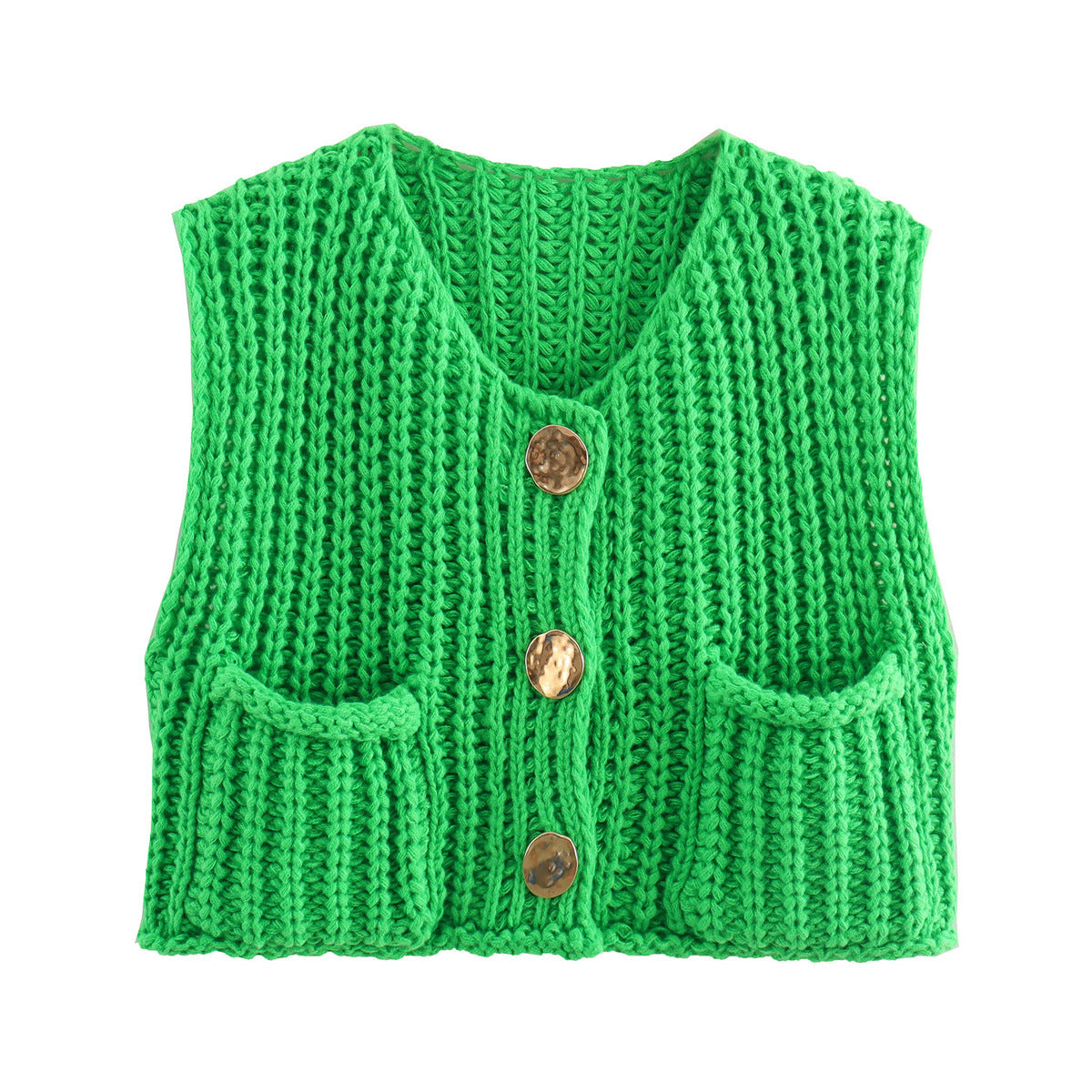 Women's Pocket Sleeveless Short Knitted Cardigan Vest Shirt