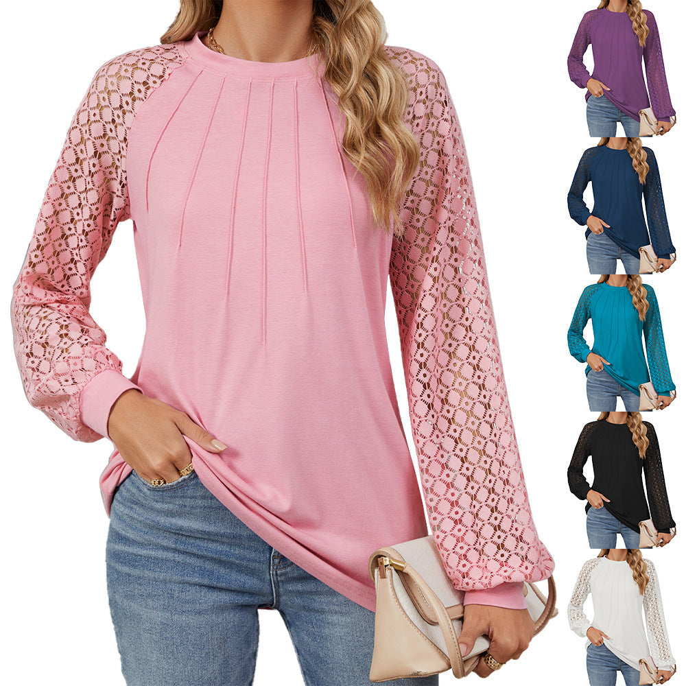 New Lace Long Sleeve Round Neck T-shirt Fashion Loose