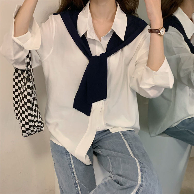 Women's Shawl Fake Two-piece Long-sleeved Shirt