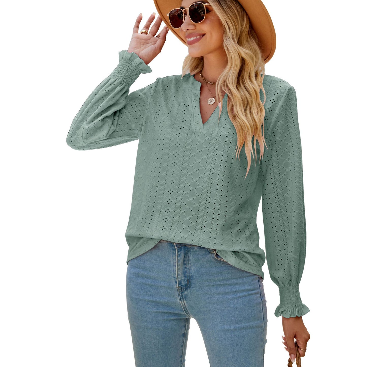 Solid Color Hollow-out Pleated Ruffle Shirts Sleeve V-neck