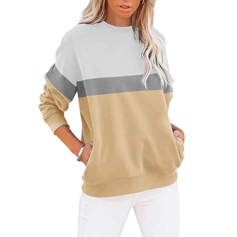 Women's Long Sleeve Color Matching Sports Sweater Round Neck Casual Pullover