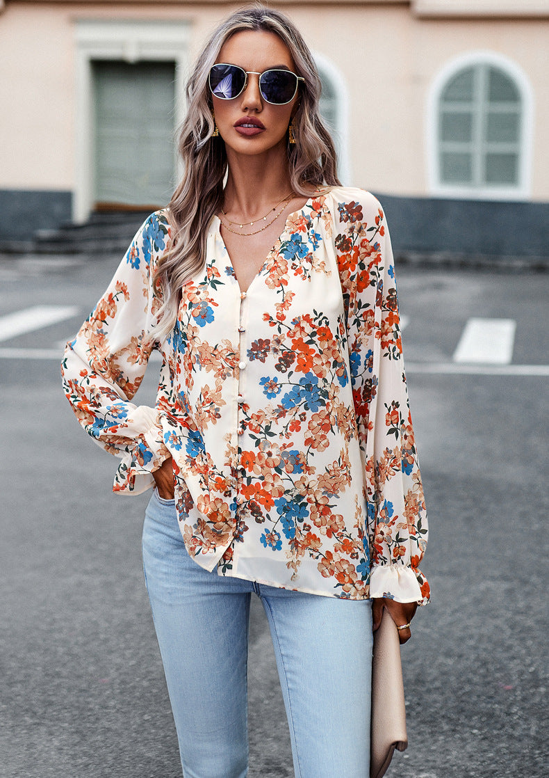 Women's Tops Casual Floral Print V Neck Long Sleeve Shirts