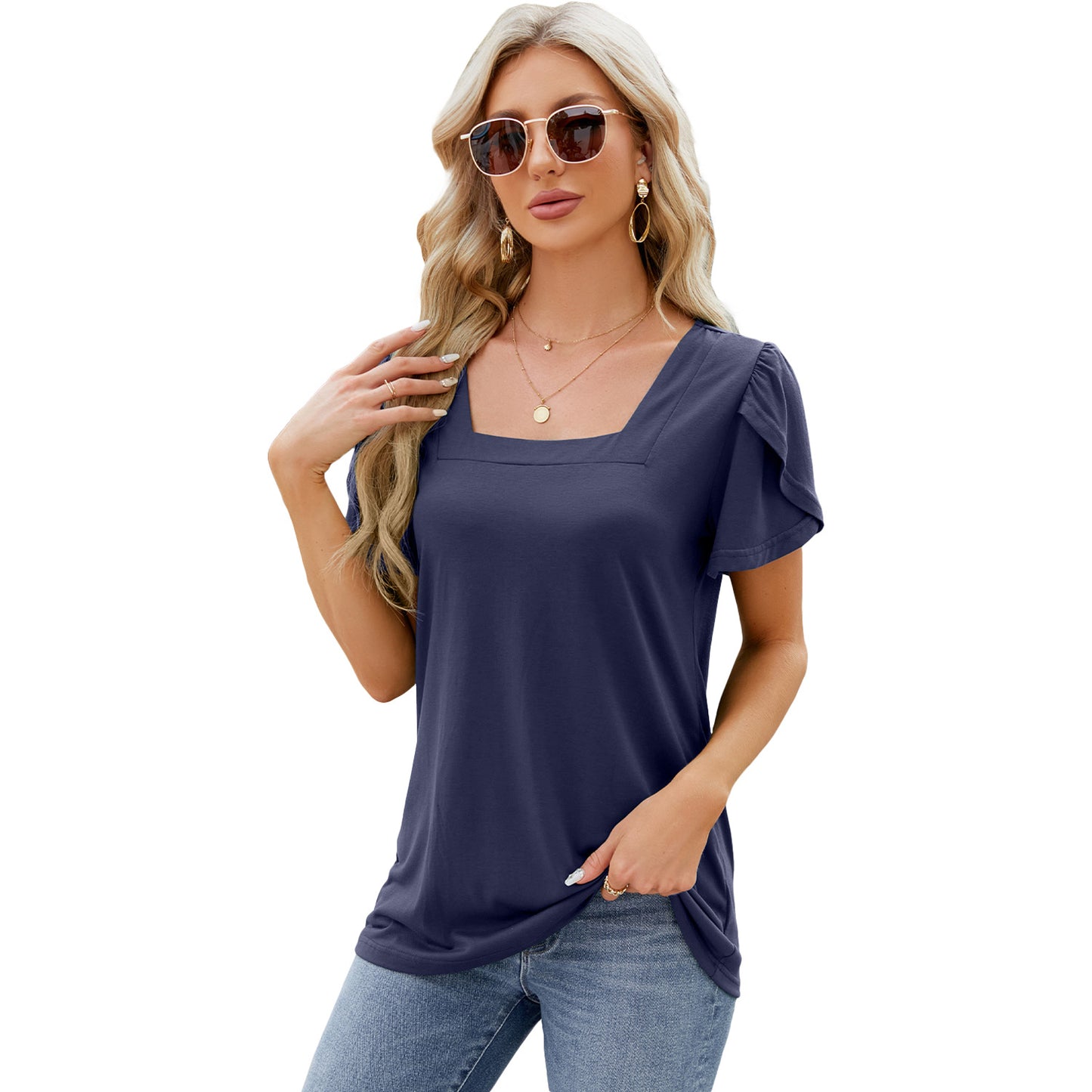 Summer Top Fashion Square Neck Printed Short-sleeved T-shirt