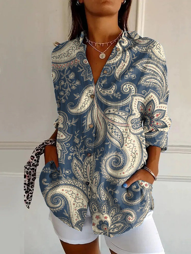 Flowers Print Long Sleeve Shirt Fashion Stand Collar