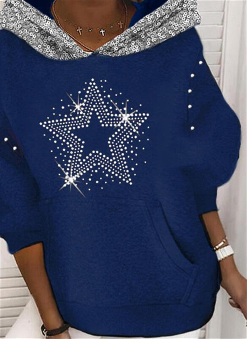 Rhinestone Loose Long Sleeve Sequined Hoodie