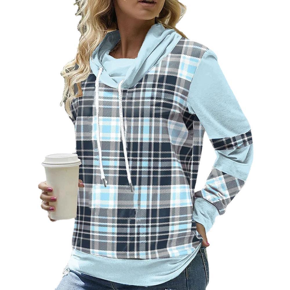 European And American Plaid Printed Long Sleeve Turtleneck Loose Casual Top