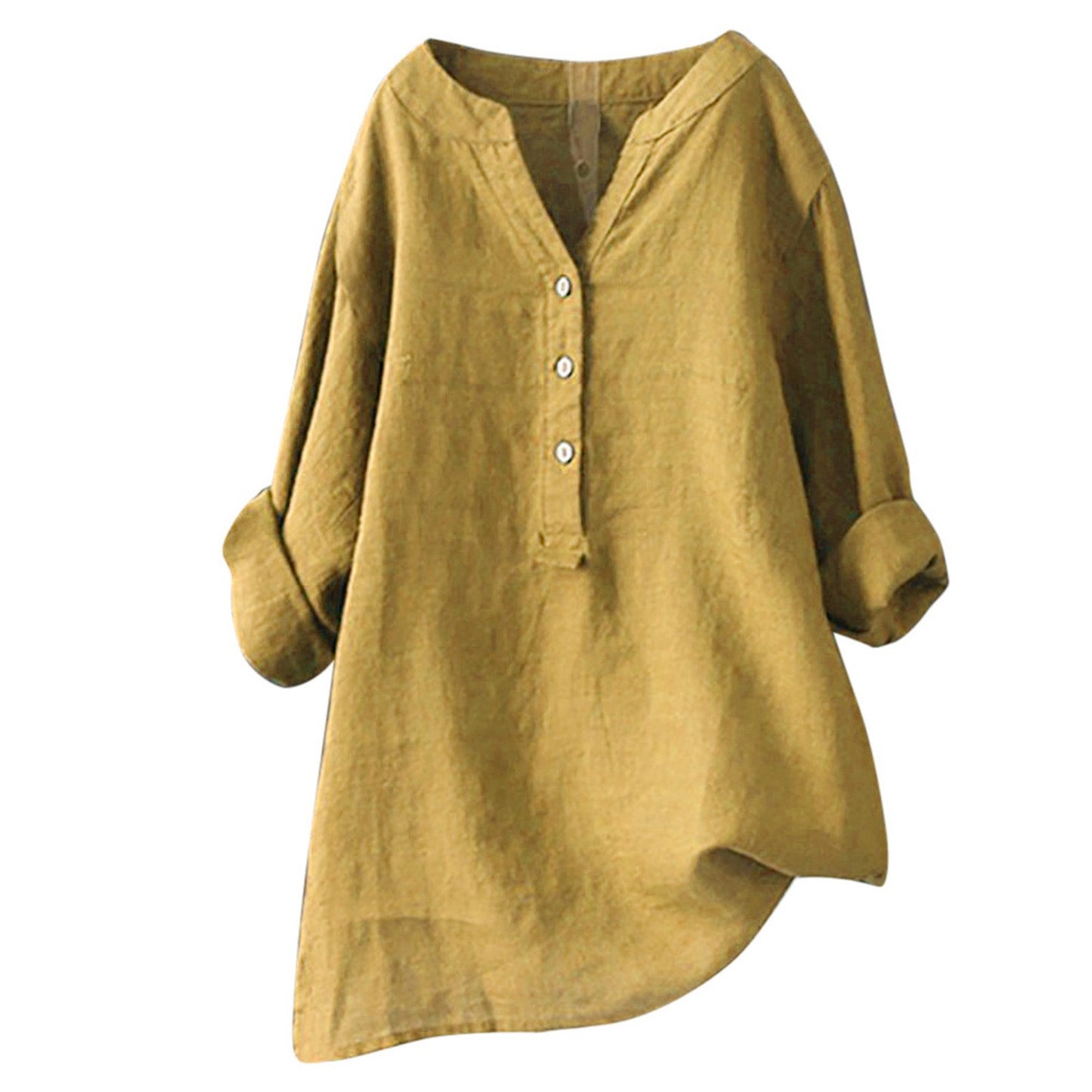 Loose Solid Color Stand Collar Button Long Sleeve Cotton And Linen Top