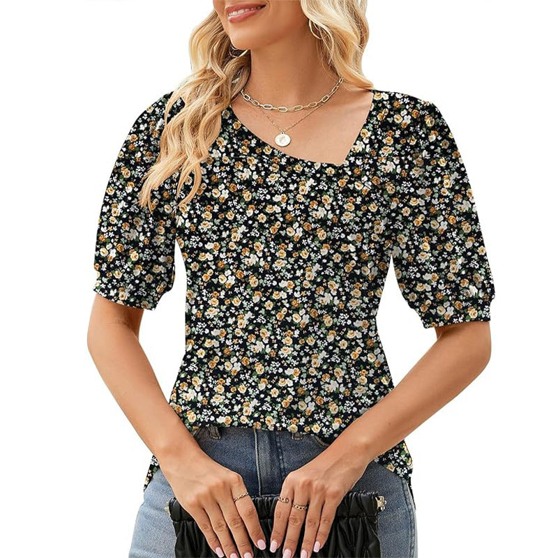 Women's Short Sleeve Irregular Puff Sleeve Loose Floral T-shirt