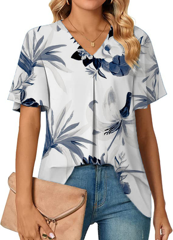 Women's V-neck Flower Print Short Sleeve