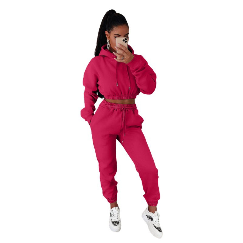 Women's Velvet Padded Hooded Sweatshirt Casual Two-piece Suit