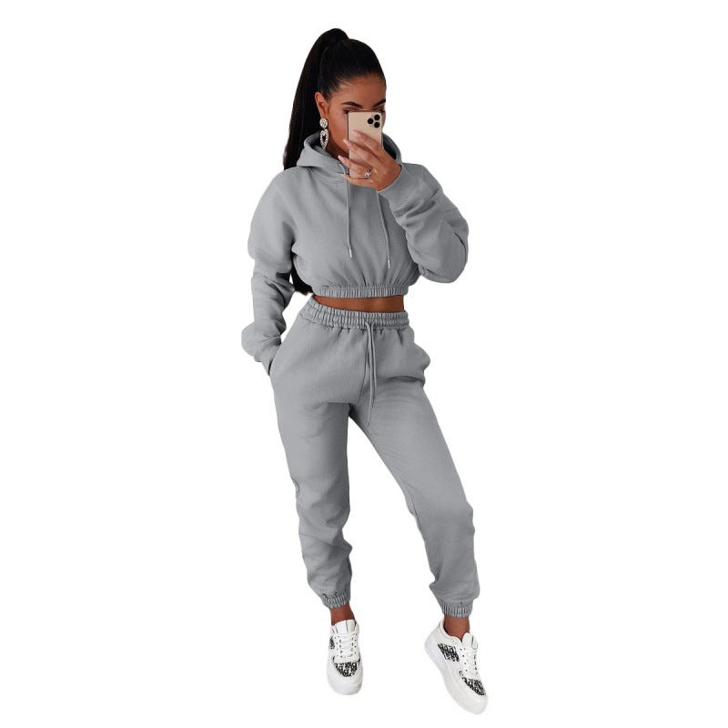 Women's Velvet Padded Hooded Sweatshirt Casual Two-piece Suit