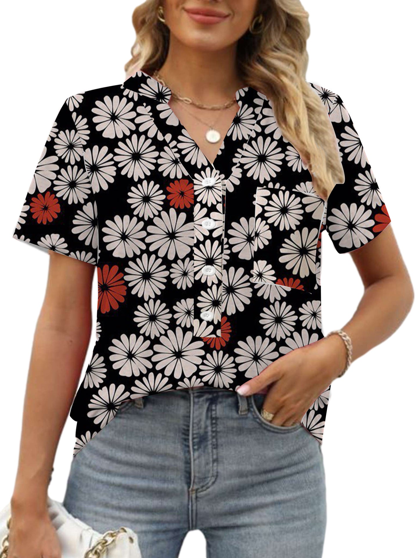 Women's V-neck Floral Print Short-sleeved Shirt