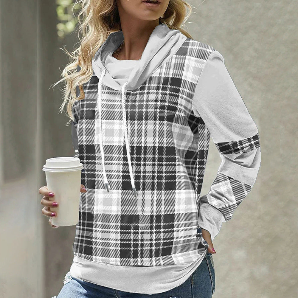 European And American Plaid Printed Long Sleeve Turtleneck Loose Casual Top