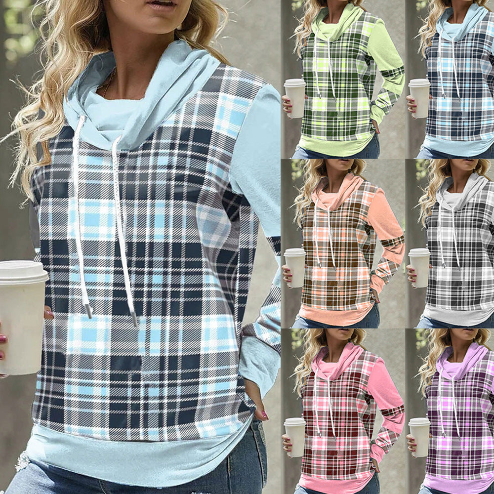 European And American Plaid Printed Long Sleeve Turtleneck Loose Casual Top