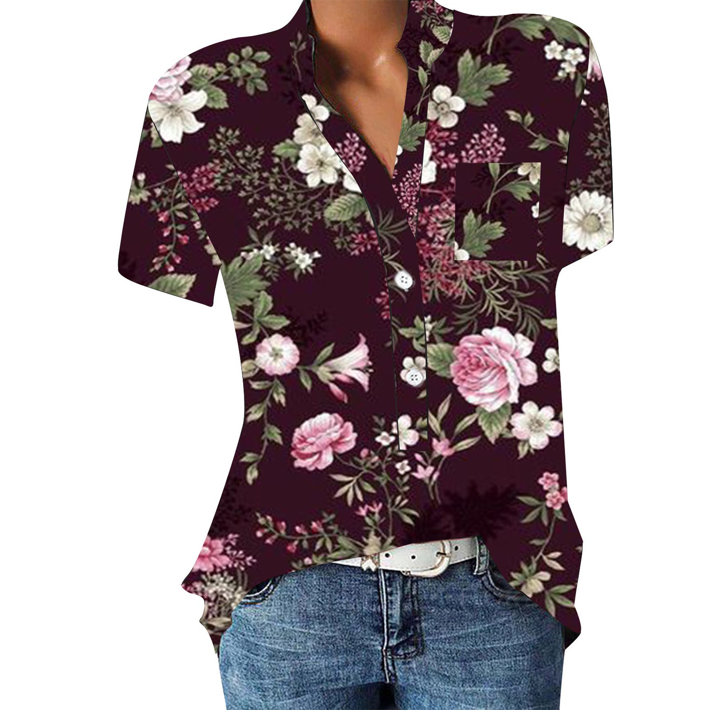 Women's V-neck Floral Print Short-sleeved Shirt