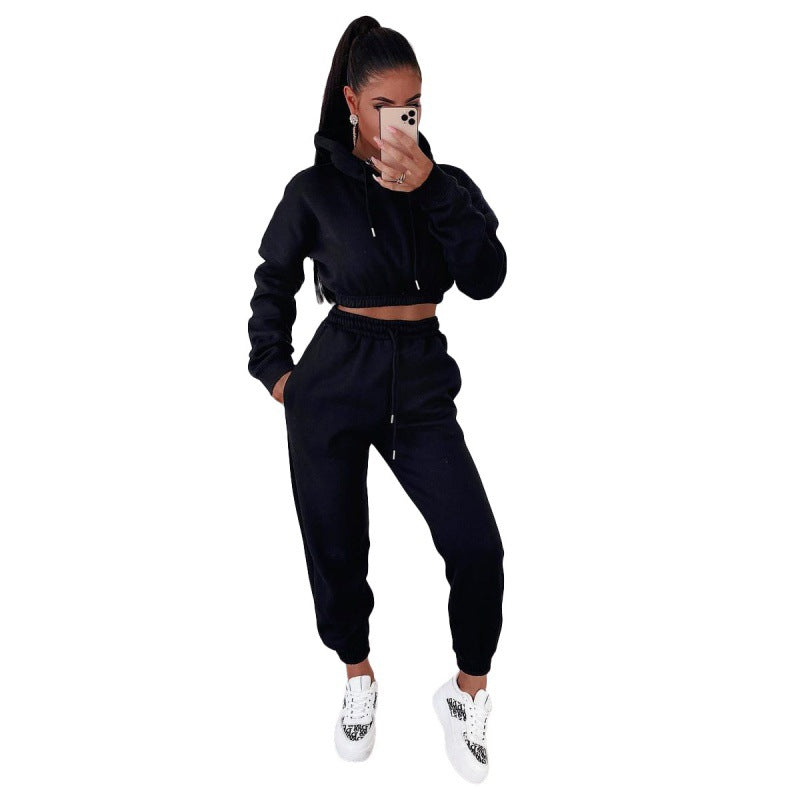 Women's Velvet Padded Hooded Sweatshirt Casual Two-piece Suit