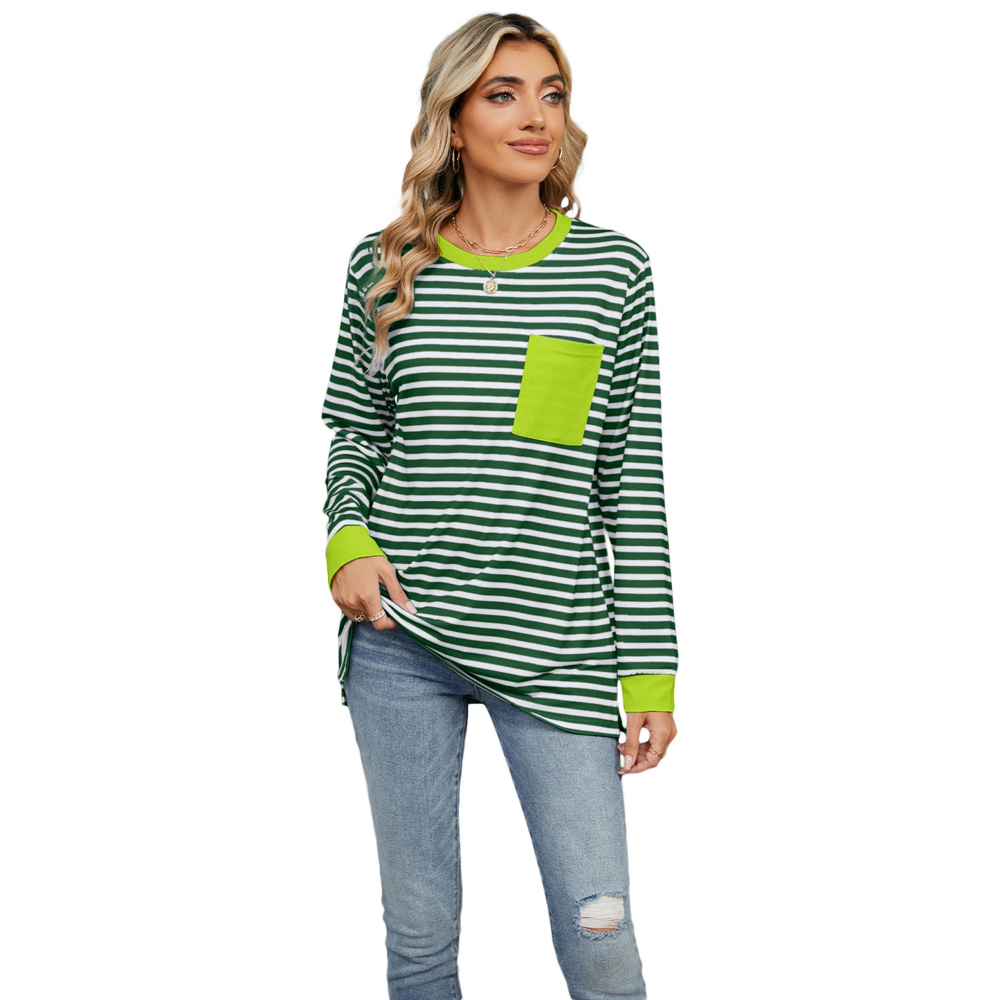 Women's Round Neck Pocket Split Upper Clothes