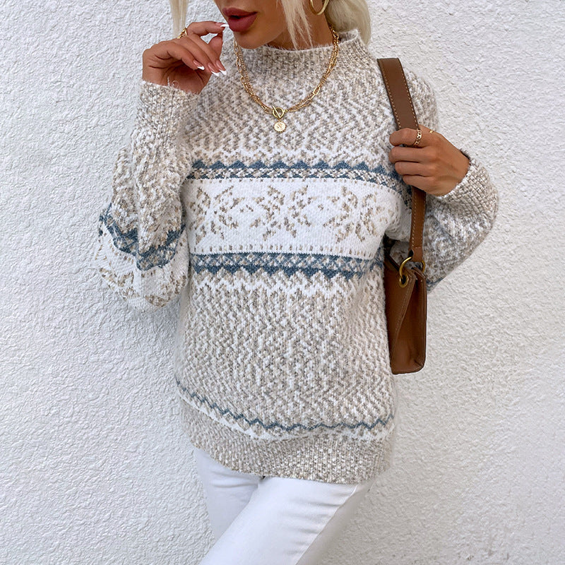 Winter Snowflake Sweater Fashion Half Turtleneck Pullover