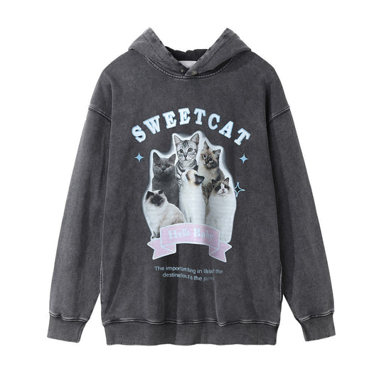 Cat Printing Distressed Hooded Sweater For Men