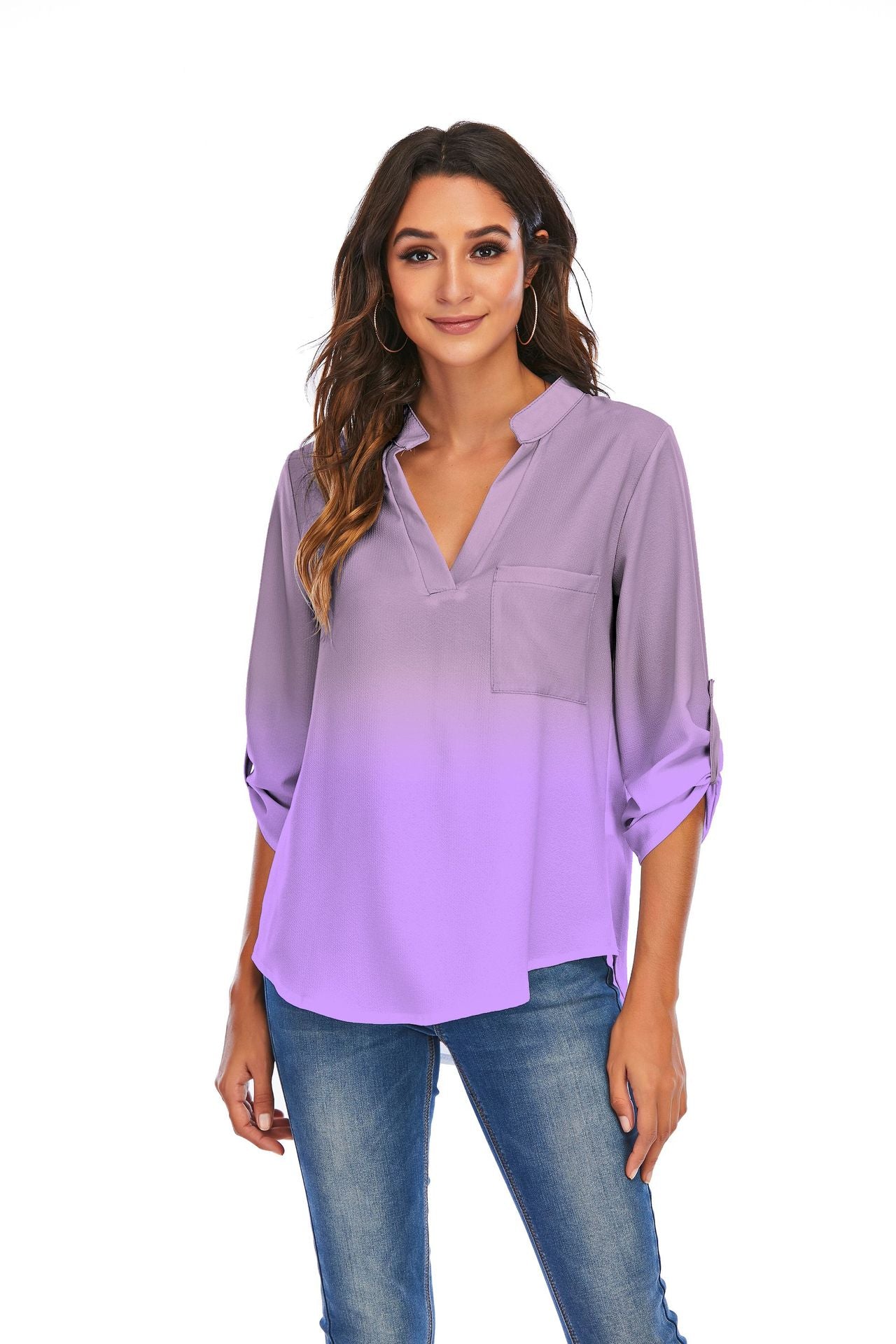 Print Gradient Blouses Women V-Neck Pockets Loose Shirts