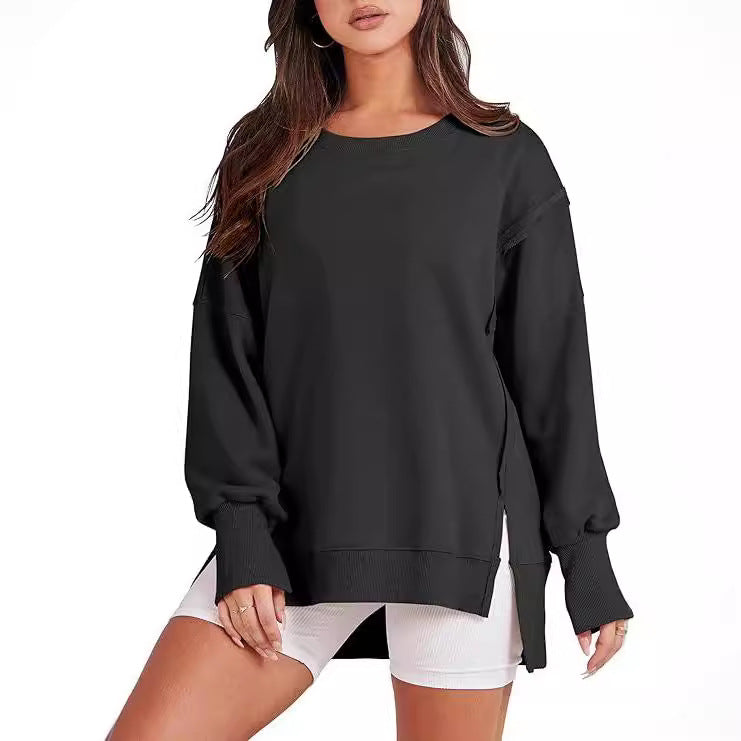 Round Neck Long Sleeve Hem Split Patchwork Sweater